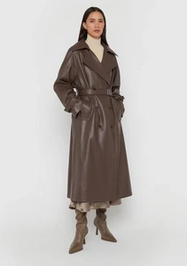 Oak + Fort Oversized Vegan Leather Trench Coat Chocolate Brown Size XXS NWT - Picture 1 of 24