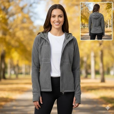 Chaqueta deportiva con capucha y cremallera completa gris Prana para mujer talla M agujeros para los pulgares Foto 1 de 4