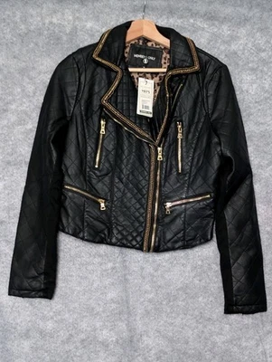 Members Only Women's quilted Leatherette Moto Sz M Jacket Black Gold trim - Image 1 of 4