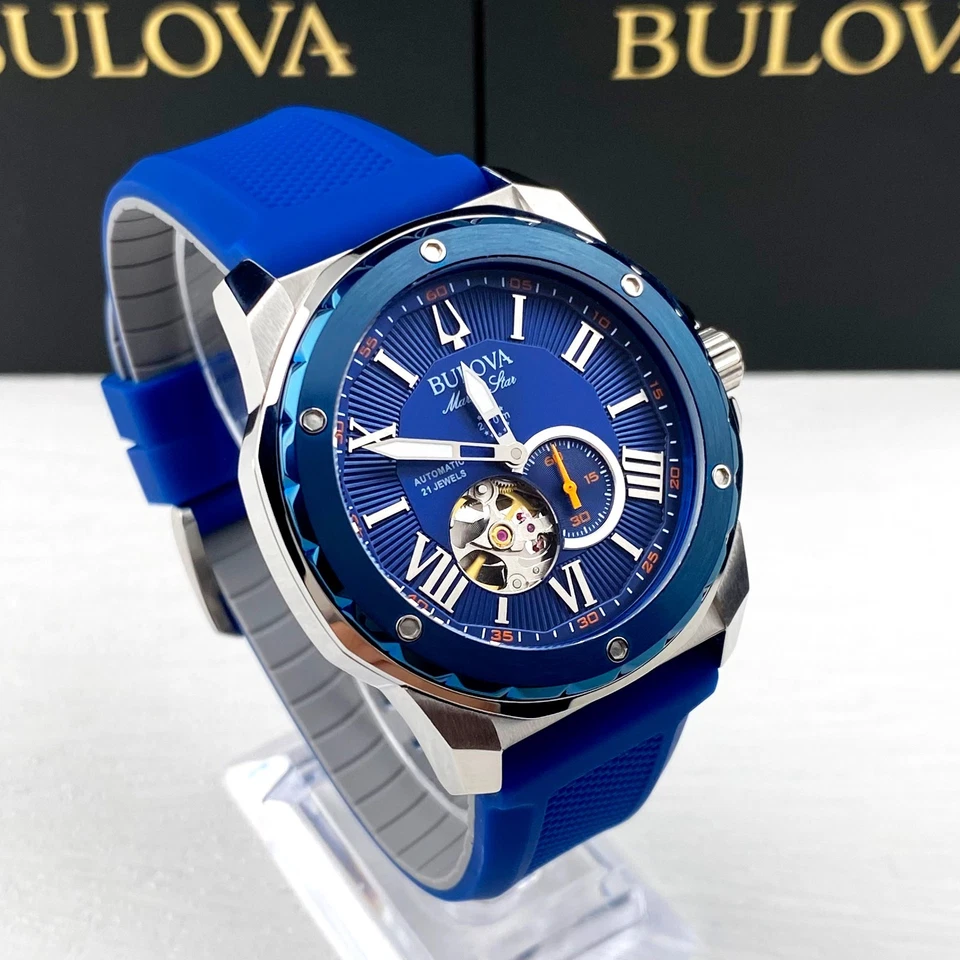 ​BULOVA Marine Star 98A303 Blue Auto 200M Rubber Men's Watch ​