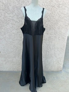 Vintage Solange Black Shiny Satin Long Nightgown Lingerie - Plus Size 22/24 3X - Picture 1 of 6