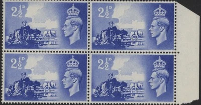 George VI Channel island 2.5d Ultramarine stamp block C2a Broken Wheel UMM - Image 1 of 2