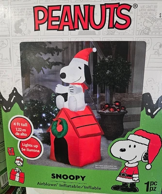 Gemmy 4Ft Tall Peanut's Snoopy in Santa Hat on Doghouse Christmas Inflatable