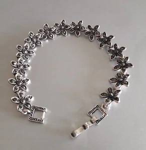 Vintage Sterling Silver Marcasite Flower Bracelet - Picture 1 of 10