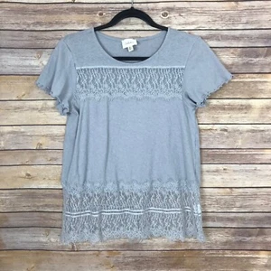 Deletta Top Womens XS Gray Lace Trim T-Shirt Linen Blend Short Sleeve Raw Hem - Picture 1 of 5