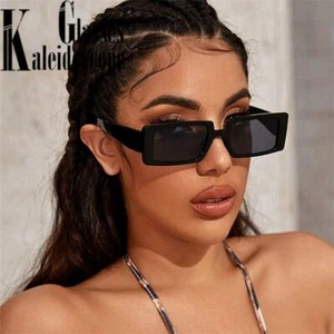 Black Thick Frame Sunglasses - 90s Rectangular Shades Unisex Fashion Eyewears - Picture 1 of 23