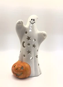 Portacandele vintage Halloween ceramica zucca fantasma luce tè - Foto 1 di 6