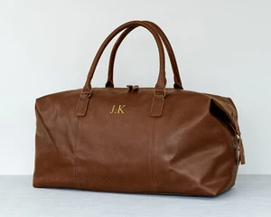 Personalised Mens Leather Holdall Bag Black or Brown - Embroidered with Initials - Picture 1 of 8