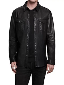 Men's Real Vintage Lamb Leather  Full Sleeves Shirt Chest Pockets Leather Shirt - Picture 1 of 7