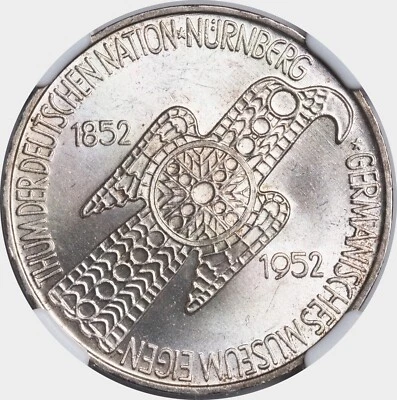 1952, Germany. Silver "Nurnberg Museum" 5 Mark Coin. NGC MS-64! - Image 1 of 3