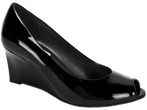 Stuart Weitzman Women's Nuanna Peep-Toe Wedge Pumps Black Patent LE Size 5.5 M - Picture 1 of 6
