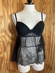 Victoria's Secret Sexy Little Things Babydoll Top Lencería 36C Negro Encaje Floral - Imagen 1 de 8