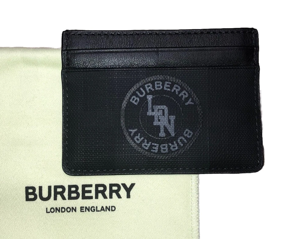 Burberry Card Case Sandon London Check Print Logo Black Leather