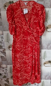 Next Red Floral Short Sleeve V-Neck Wrap Tie Belt Crepe Tea Dress UK 20 T BNWT - Picture 1 of 4