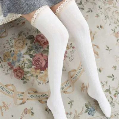 Girls Women Thigh High Over the Knee Socks Extra Long Lace Cotton Stockings US - Image 1 of 4