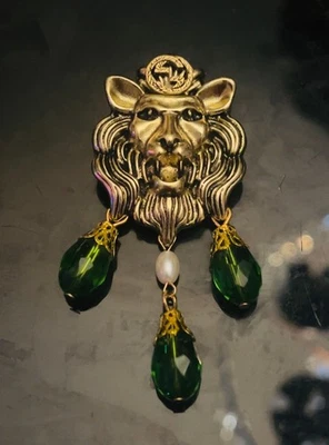 Rare Repurposed Gucci GG Antiqued Lion Crystal Pearl Dangle Brooch - Image 1 of 3