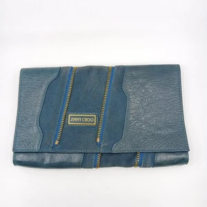 Vintage Jimmy Choo Martha Expandable Blue/Green Leather Zipper Clutch - Picture 1 of 10
