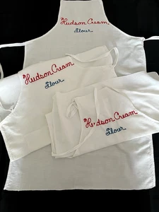 3 Vintage Flour Sack Hudson Cream Flour Advertising Aprons 35" long x 21" wide - Picture 1 of 6