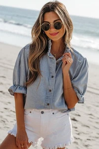 Aya Ruffle Short Puff Sleeve Summer Chambray Top - Picture 1 of 5