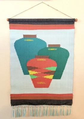 Vintage MCM Handwoven Tapestry Pottery Wall Hanging Decor Southwest Jute Aztec - Image 1 of 4