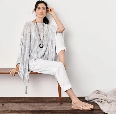 New J Jill One Size Boho Pure Jill Watercolor IKAT Poncho Linen Blend & Tassels - Image 1 of 4