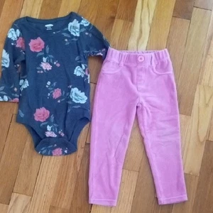 girl 18-24 month flower print long sleeve one piece and pink ribbed pants - Picture 1 of 1