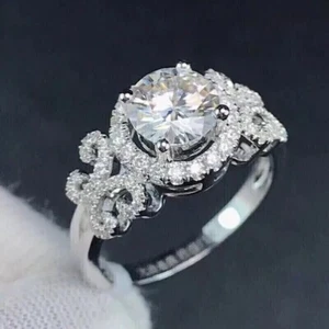 2.45Ct Round Cut E-F VVS1 Real Moissanite 14k White Gold Plated 925 Wedding Ring - Picture 1 of 4