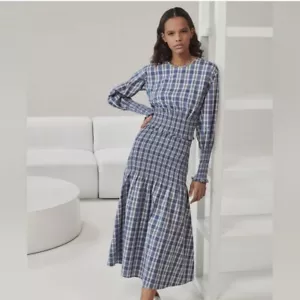 Something Navy Blanche Smocked Midi Dress Size Medium Blue Plaid Long Sleeve NWT - Picture 1 of 8
