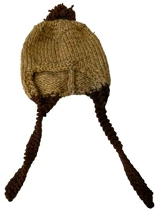 Vtg Handmade Knitted Winter Hat Braids Yellow Brown Pom Pom Teens Ladies Size S - Picture 1 of 4
