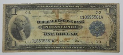 1918 Large Size $1 Fed Res Bank Philadelphia, PA FINE Fr#715  ~ Stained - Image 1 of 4