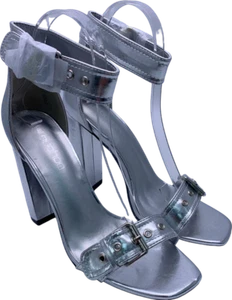 Boohoo Silver Metallic Block Heel Sandals 6.5 - Picture 1 of 7