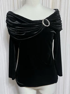 MSK Off Shoulder Black Velvet 3/4 Sleeve Holiday Party Cocktail Blouse Size Smal - Picture 1 of 5