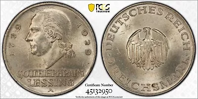 1929-A 3 Reichsmarks Germany - Weimar Republic Lessing - Cat #J-335 - PCGS MS62 - Image 1 of 3