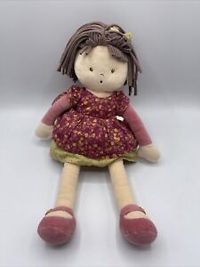 Moulin Roty Plush Doll Pink Floral Brown Hair Eyes Green Velour Petite Chose 14”