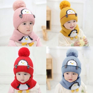 Pom Bobble Hat Toddler Kids Warm Winter Baby Boys Girl Cap Scarf Set Knit Beanie - Picture 1 of 17