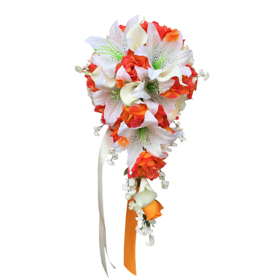 Cascade Teardrop Wedding Bouquet: Orange and Ivory Artificial Roses and Lilies - Image 1 of 1