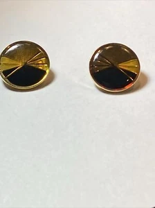 VINTAGE 60’s MCM RETRO GLOWING LUCITE BLACK GOLD CIRCLE PIERCED EARRINGS - Picture 1 of 8