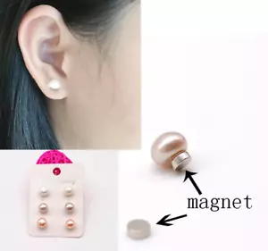 Women Lady Fake MAGNETIC 7MM Natural Pearl NO Piercing ear Hole studs Earrings - Picture 1 of 5