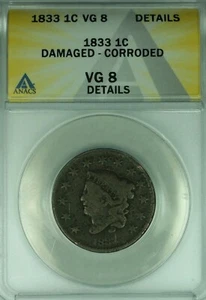 1833 Coronet Head Large Cent ANACS VG-8 Details Damaged-Corroded (41) - Picture 1 of 2