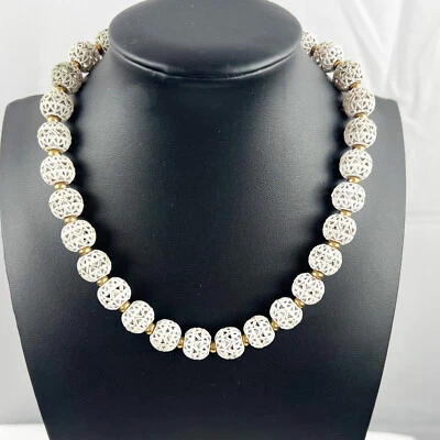 Vintage 1960s Monet Filigree Enamel Bead Necklace, white hearts, gold spacers - Image 1 of 4