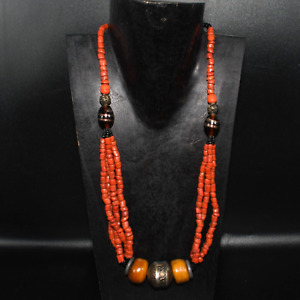 Vintage Old Himalayan Tibetan Natural Coral Necklace with Silver & Amber Beads
