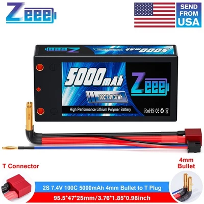 Zeee 2S Shorty Lipo Battery 5000mAh 7.4V 100C 4mm Bullet to T Plug for RC Car - Image 1 of 4