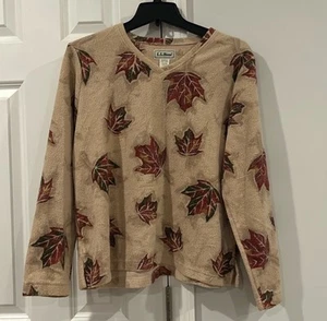 Vintage LL Bean Sweater V Neck Pullover Leaf Fall Print 90s Tan Brown Medium - Picture 1 of 4