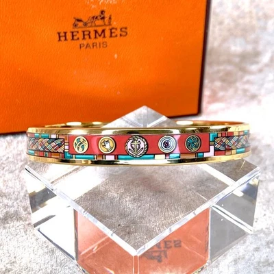 Brazalete Brazalete Vintage Hermes Paris Rosa Esmalte Borde Dorado Talla 70 con Caja Foto 1 de 4