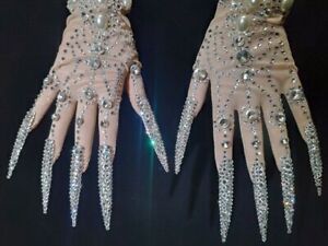 Luxury Women Rhinestones Long Nails Gloves Mitten Stage Performance Accessories