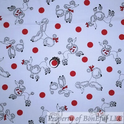 BonEful Fabric FQ Cotton Quilt White Red Polka Dot French Poodle Girl Dog France - Image 1 of 4