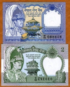 SET Nepal, 1 and 2 Rupees, (1981-87), P-29-37 UNC Leopard, Deer - Picture 1 of 2