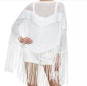 PH5 WHITE KNIT FRINGE BOHO PULLOVER PONCHO SWEATER SIZE XS - Picture 1 of 7