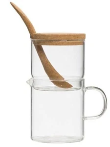 Stackable Clear Glass Sugar And Creamer w/Cork Lid And Spoon Set/3 Pieces - Picture 1 of 4