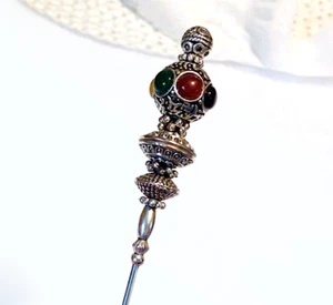 HATPIN with NEPAL Pewter Design and Colorful Dome Beads on Silver Finish - Picture 1 of 15